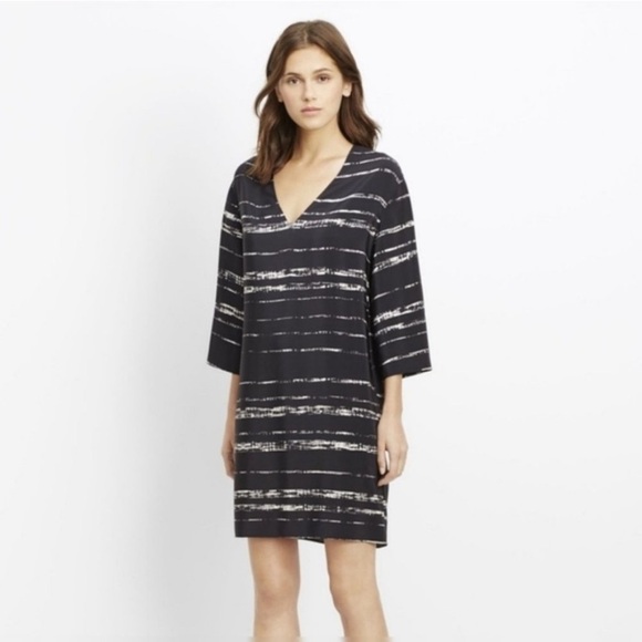 Vince Shadow Stripe V-Neck 100% Silk Tunic Dress - Picture 1 of 16